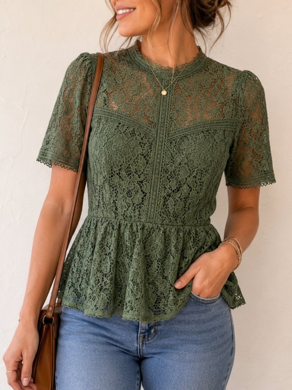 Green Lace Peplum Top Size M Tobrief Sheer Floral Boho Feminine Blouse